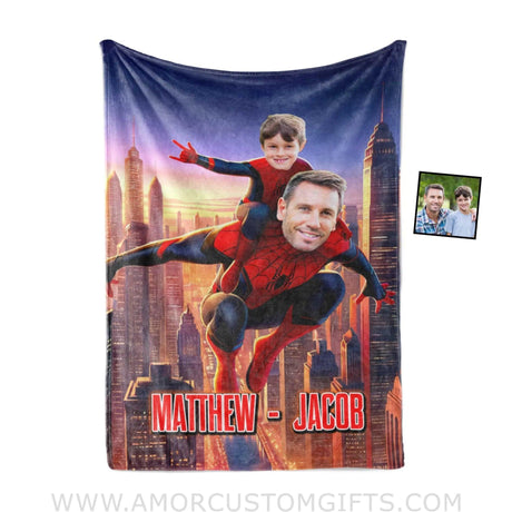 Blankets Personalized Father Day's Spider Man Dad And Son Flying Over Skyscrapers Blanket | Custom 2 Spider Photo Blankets