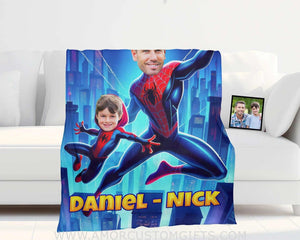 Blankets Personalized Father Day's Spider Man Dad And Son Blanket | Custom Face & Name Father Son Blanket