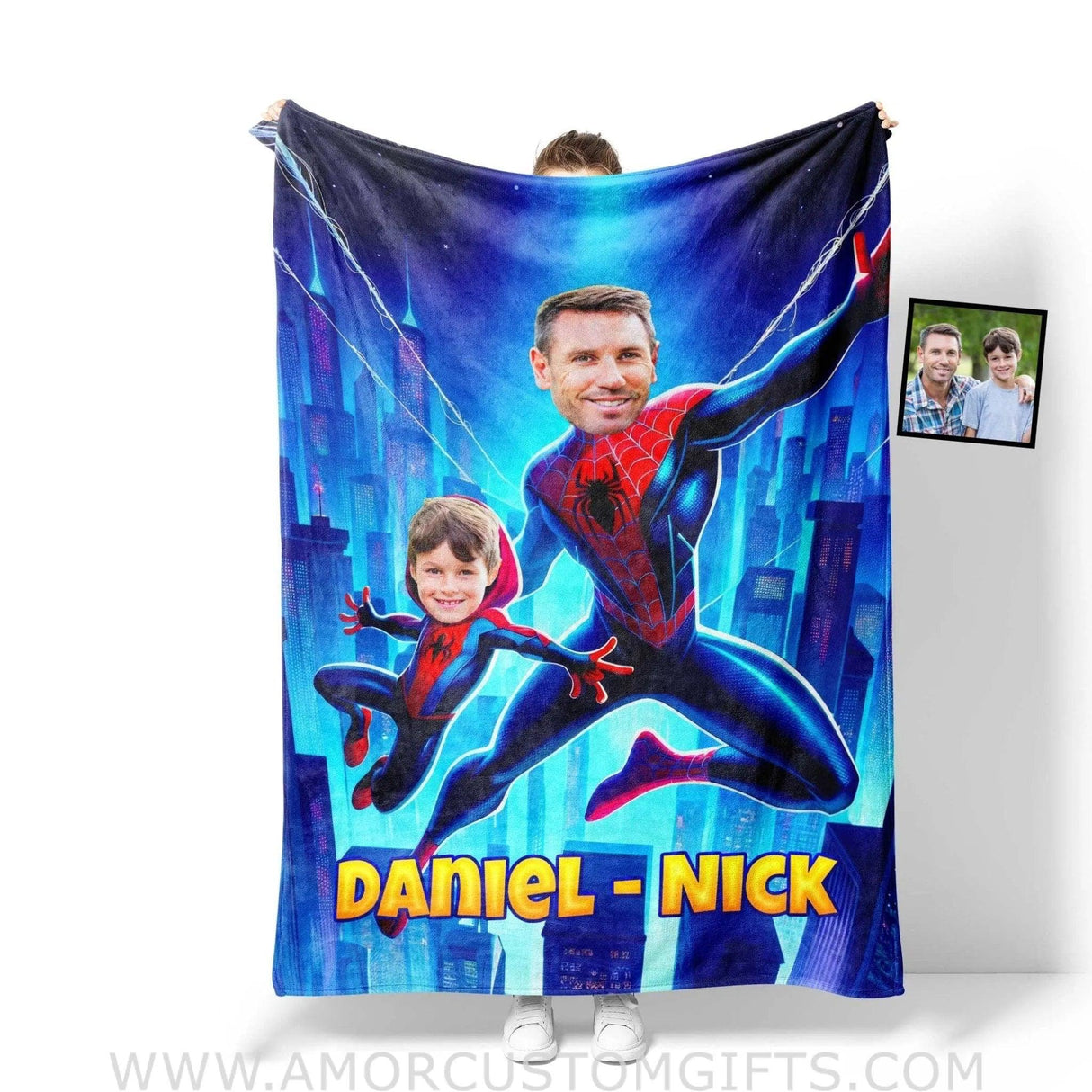 Blankets Personalized Father Day's Spider Man Dad And Son Blanket | Custom Face & Name Father Son Blanket