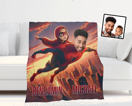 Blankets Personalized Father Day's Spider Man Dad And Son Flying Together Blanket | Custom Face & Name Father Son Blanket