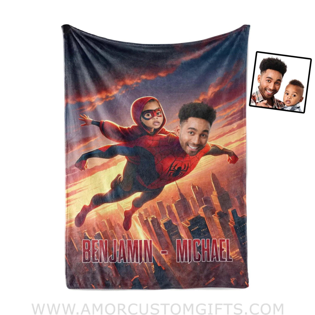 Blankets Personalized Father Day's Spider Man Dad And Son Flying Together Blanket | Custom Face & Name Father Son Blanket