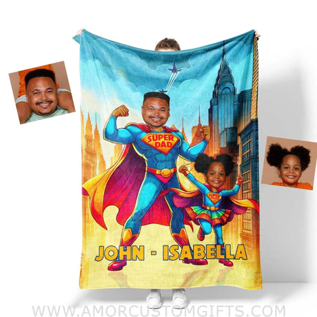 Blankets Personalized Father Day's Super Dad Super Daughter Super Son Blanket | Custom Face & Name Father Daughter Son Blanket