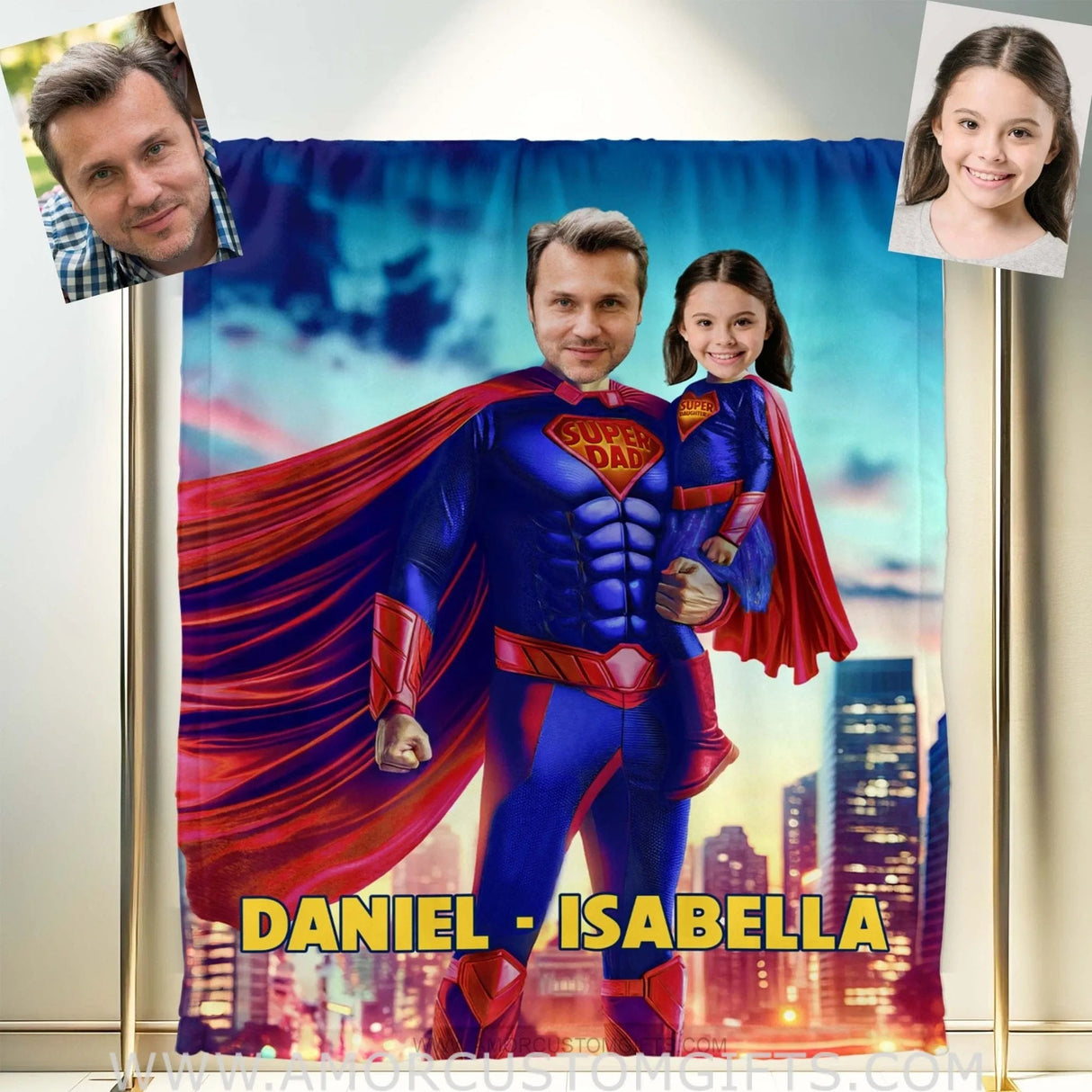 Blankets Personalized Father Day's Super Dad Super Daughter Blanket | Custom Face & Name Father Daughter Blanket