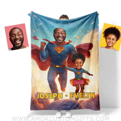 Blankets Personalized Father Day's Super Dad Super Daughter City Of Light Blanket | Custom Face & Name Father Daughter Blanket