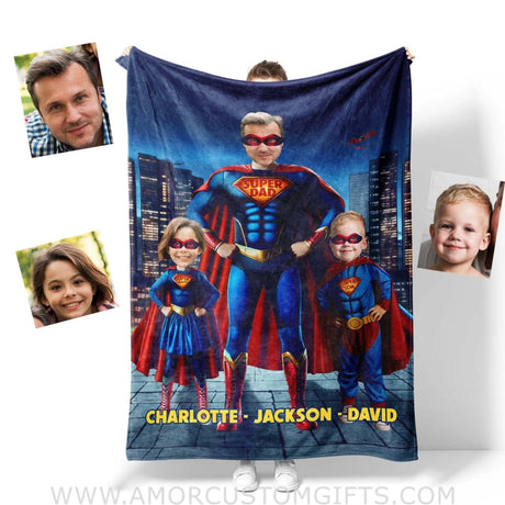 Blankets Personalized Father Day's Super Dad Super Daughter Super Son In City Of Light Blanket | Custom Face & Name Father Daughter Son Blanket