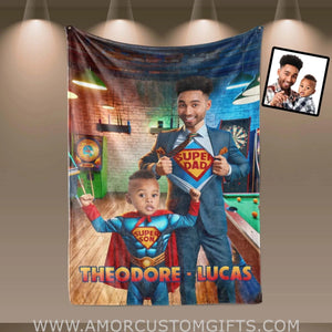 Blankets Personalized Father Day's Super Dad Super Son Billard House Blanket | Custom Face & Name Father Son Blanket