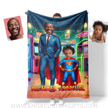 Blankets Personalized Father Day's Super Dad Super Son Game House 2 Blanket | Custom Face & Name Father Son Blanket