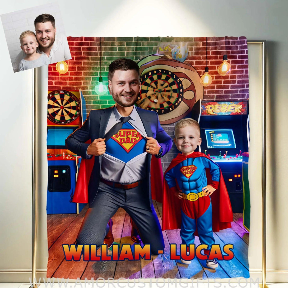 Blankets Personalized Father Day's Super Dad Super Son Game House Blanket | Custom Face & Name Father Son Blanket