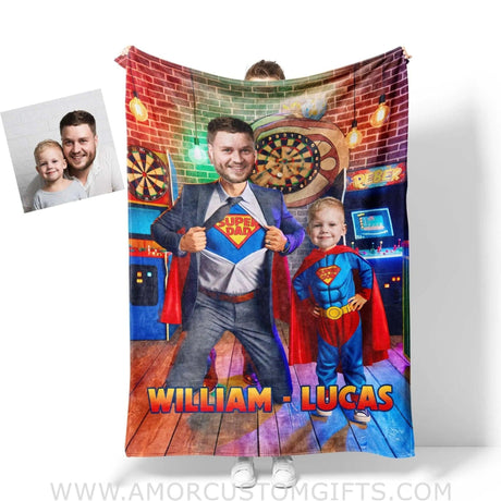 Blankets Personalized Father Day's Super Dad Super Son Game House Blanket | Custom Face & Name Father Son Blanket