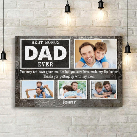 Posters, Prints, & Visual Artwork Personalized Father's Day Best Bonus Dad Ever - Custom Photo & Name Poster Canvas Print