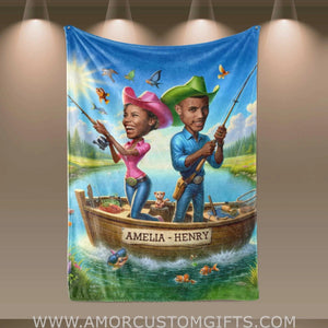 Blankets Personalized Fishing Couple Blanket | Custom Face & Name Couple Blanket