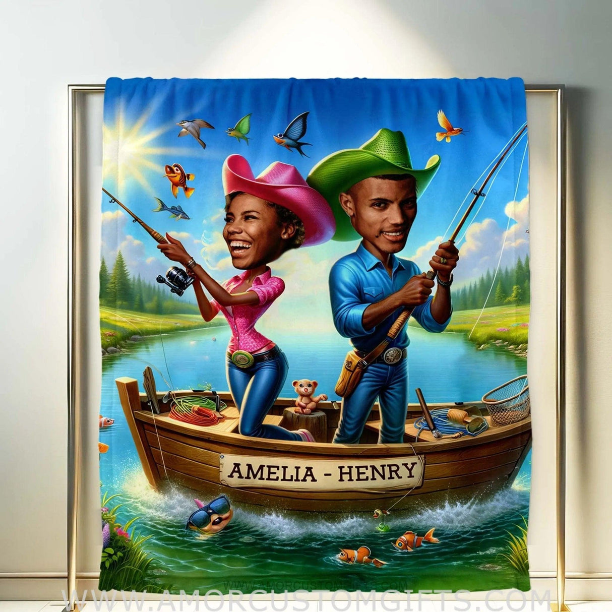 Blankets Personalized Fishing Couple Blanket | Custom Face & Name Couple Blanket