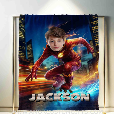 Blankets Personalized Flash Skating Blanket | Custom Face & Name Superhero Boy Blanket