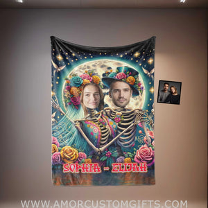 Blankets Personalized Flower Skeleton Couple Blanket | Custom Face & Name Couple Blanket