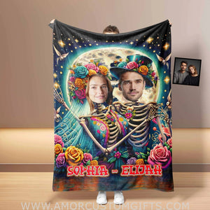 Blankets Personalized Flower Skeleton Couple Blanket | Custom Face & Name Couple Blanket