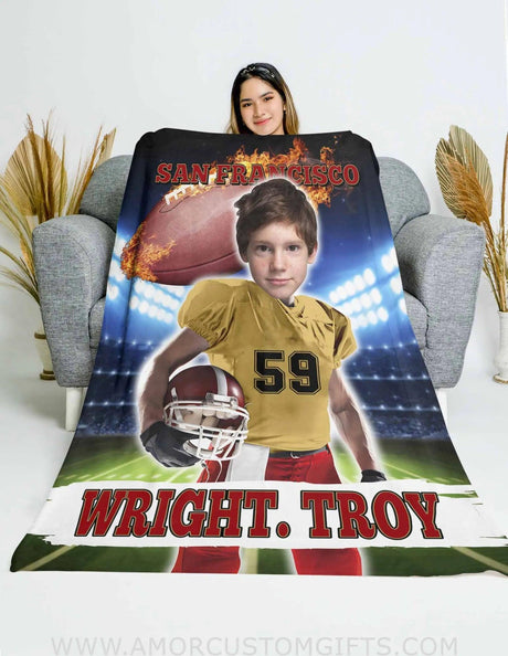 Blankets Personalized Football Boy Blanket | Custom Face & Name Sport Boy Blanket