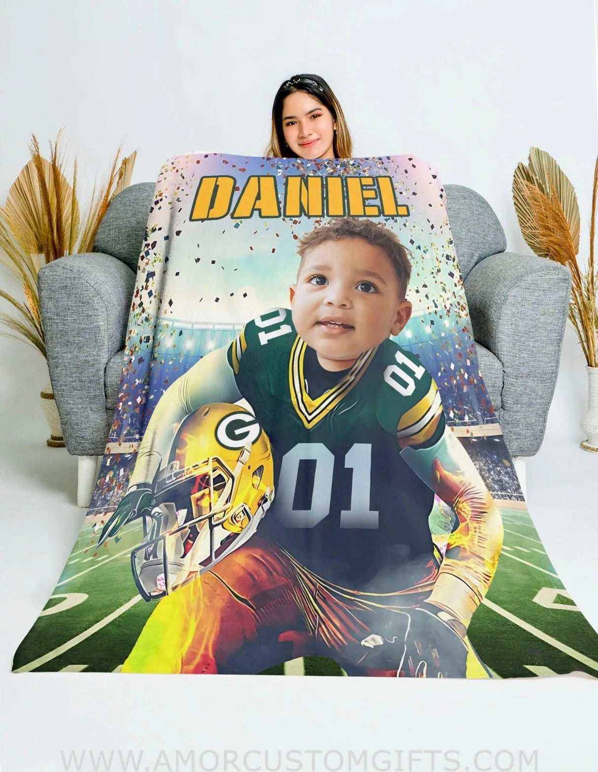 Blankets Personalized Football Green Bay Boy Blanket | Custom Face & Name Sport Football Packers Boy Blanket