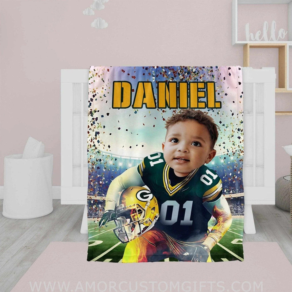 Blankets Personalized Football Green Bay Boy Blanket | Custom Face & Name Sport Football Packers Boy Blanket