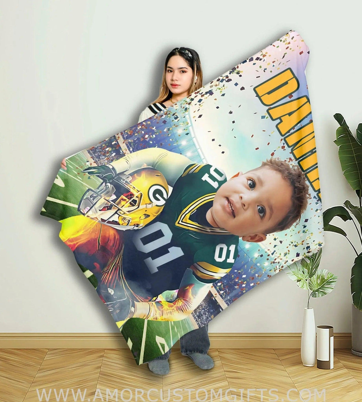 Blankets Personalized Football Green Bay Boy Blanket | Custom Face & Name Sport Football Packers Boy Blanket