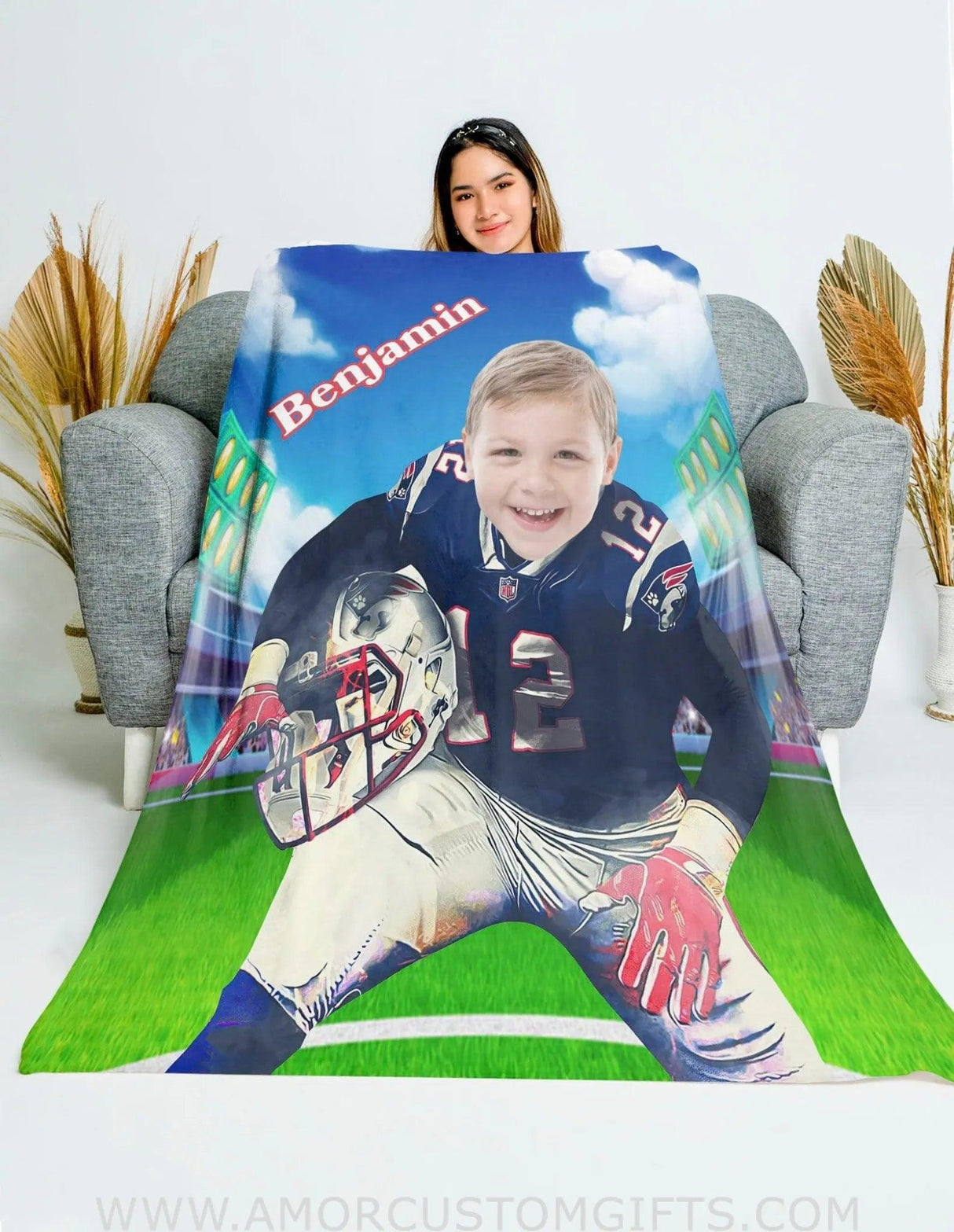 Blankets Personalized Football New England Boy Blanket | Custom Face & Name Sport Patriots Boy Blanket