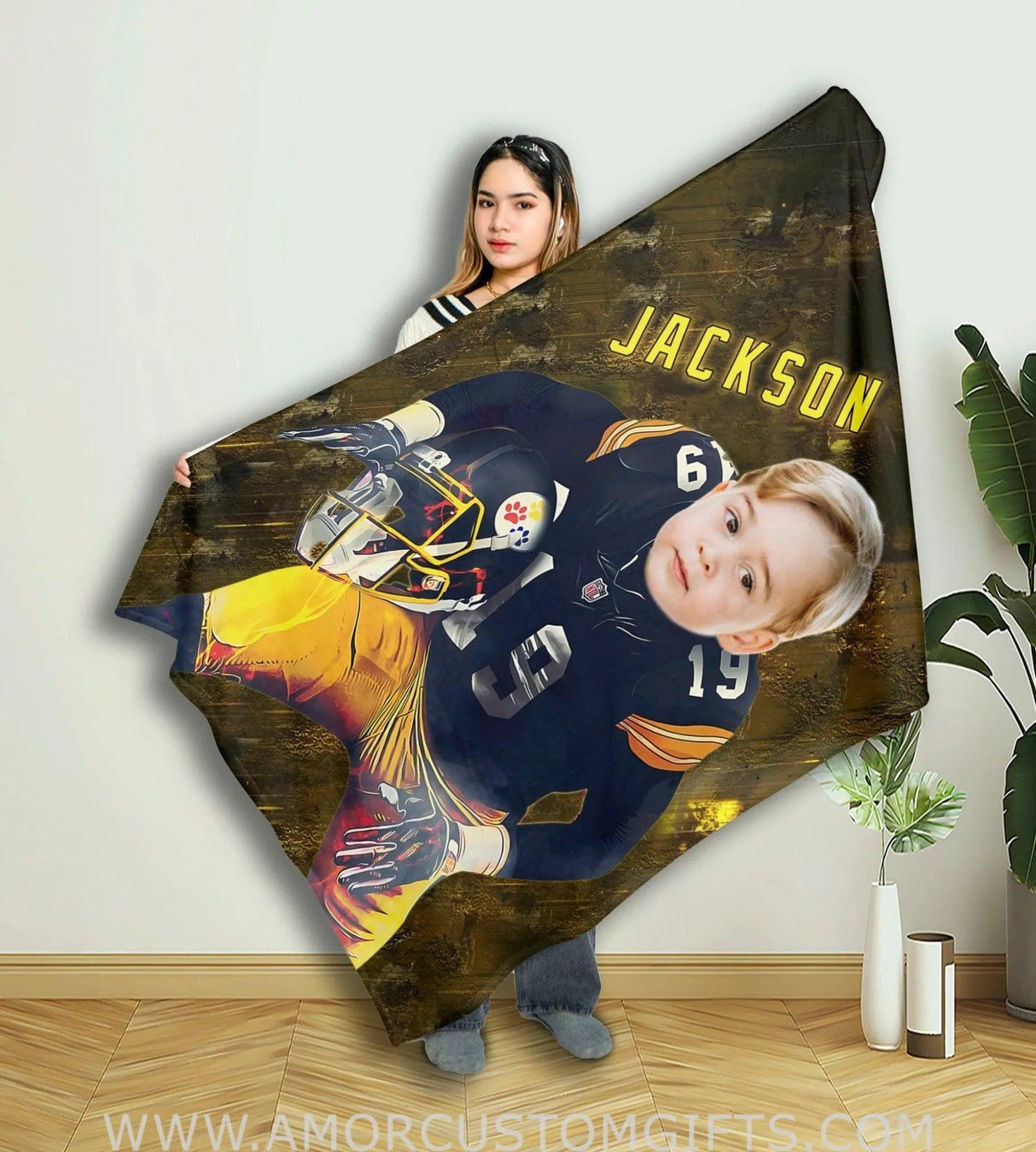 Blankets Personalized Football Pittsburgh Boy Blanket | Custom Face & Name Sport Football Steelers Boy Blanket