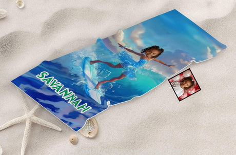 Personalized Frozen Black Elsa Princess Summer Surfing Girl Beach Towel | Custom Name & Photo Towels