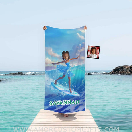 Personalized Frozen Black Elsa Princess Summer Surfing Girl Beach Towel | Custom Name & Photo Towels