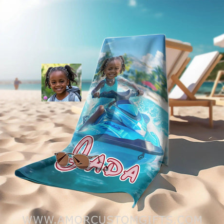 Personalized Frozen Elsa Princess Summer Beach Jet Ski Black Girl Towel | Custom Name & Photo Towels