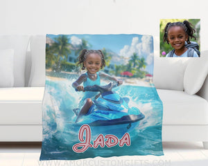 Personalized Frozen Elsa Princess Summer Beach Jet Ski Black Girl Blanket | Custom Name & Face