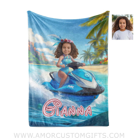 Personalized Frozen Elsa Princess Summer Beach Jet Ski Blanket | Custom Name & Face Girl Blankets