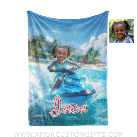 Personalized Frozen Elsa Princess Summer Beach Jet Ski Blanket | Custom Name & Face Girl Blankets