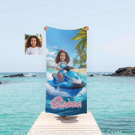 Personalized Frozen Elsa Princess Summer Beach Jet Ski Brown Hispanic Girl Towel | Custom Name &