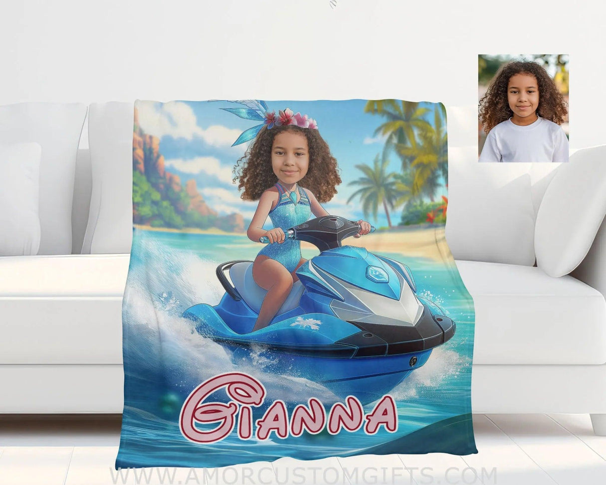 Personalized Frozen Elsa Princess Summer Beach Jet Ski Brown Hispanic Girl Blanket | Custom Name &