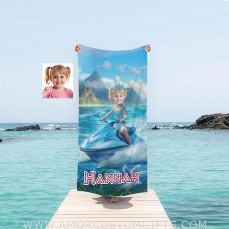 Personalized Frozen Elsa Princess Summer Beach Jet Ski Girl Towel | Custom Name & Photo Towels