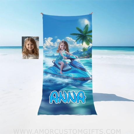 Personalized Frozen Elsa Princess Summer Beach Jet Ski Girl Towel | Custom Name & Photo Towels