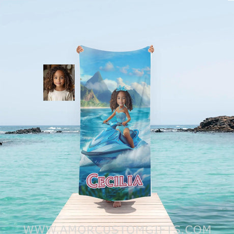 Personalized Frozen Elsa Princess Summer Beach Jet Ski Girl Towel | Custom Name & Photo Towels