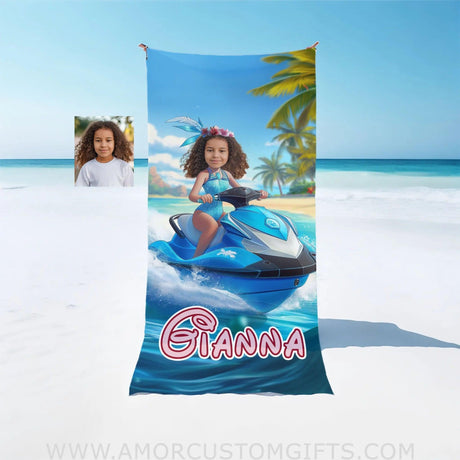 Personalized Frozen Elsa Princess Summer Beach Jet Ski Girl Towel | Custom Name & Photo Towels