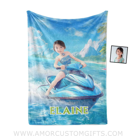 Personalized Frozen Elsa Princess Summer Beach Jet Ski Girl Blanket | Custom Name & Face Blankets