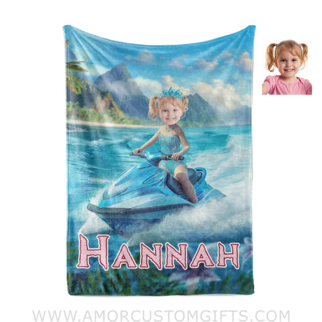 Personalized Frozen Elsa Princess Summer Beach Jet Ski Girl Blanket | Custom Name & Face Blankets