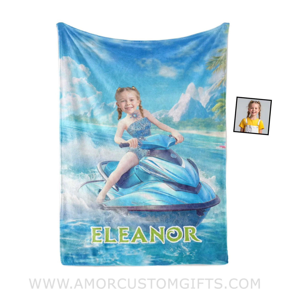 Personalized Frozen Elsa Princess Summer Beach Jet Ski Girl Blanket | Custom Name & Face Blankets