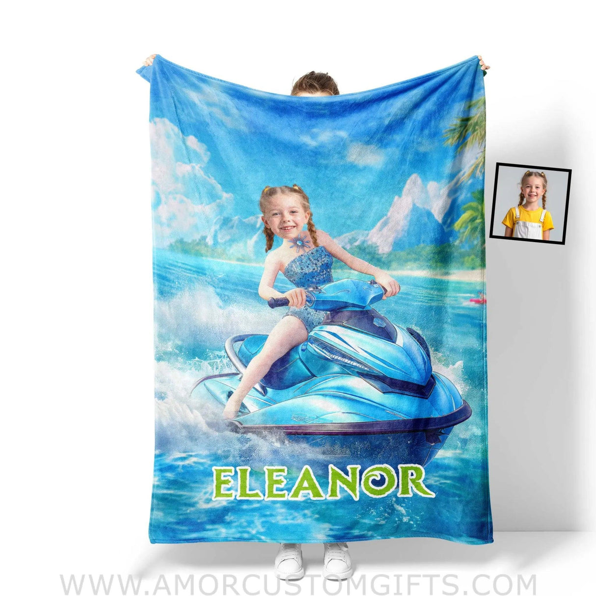 Personalized Frozen Elsa Princess Summer Beach Jet Ski Girl Blanket | Custom Name & Face Blankets