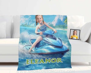 Personalized Frozen Elsa Princess Summer Beach Jet Ski Girl Blanket | Custom Name & Face Blankets