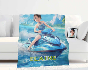 Personalized Frozen Elsa Princess Summer Beach Jet Ski Girl Blanket | Custom Name & Face Blankets