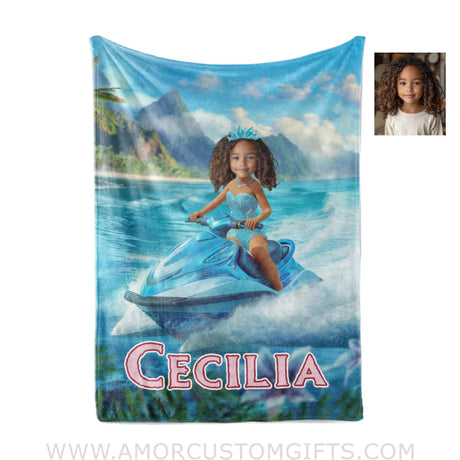 Personalized Frozen Elsa Princess Summer Beach Jet Ski Girl Blanket | Custom Name & Face Blankets