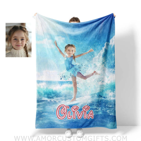 Personalized Frozen Elsa Princess Summer Surfing Dancing On Surfboard Blanket | Custom Name & Face