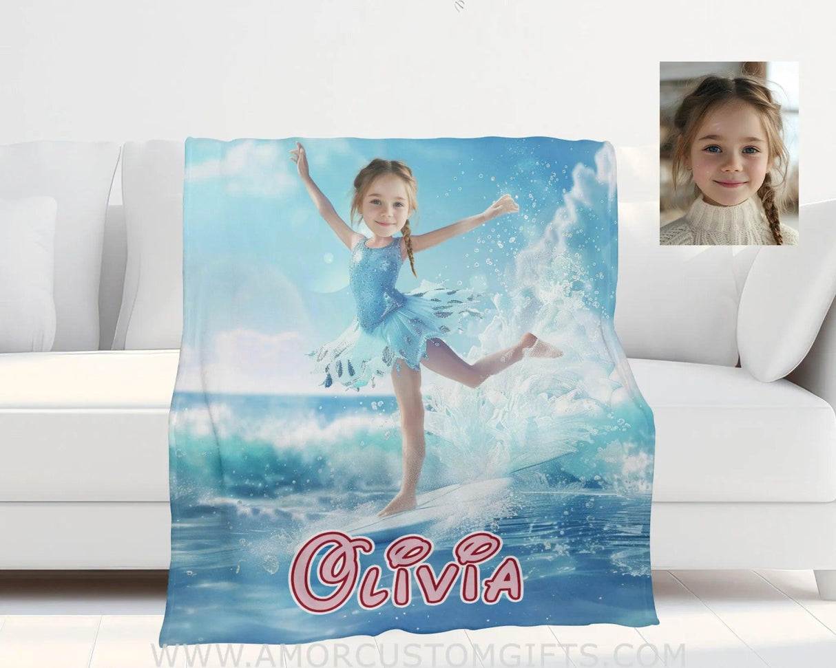 Personalized Frozen Elsa Princess Summer Surfing Dancing On Surfboard Blanket | Custom Name & Face