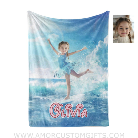 Personalized Frozen Elsa Princess Summer Surfing Dancing On Surfboard Blanket | Custom Name & Face