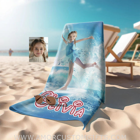 Personalized Frozen Elsa Princess Summer Surfing Dancing On Surfboard | Custom Name & Photo Girl