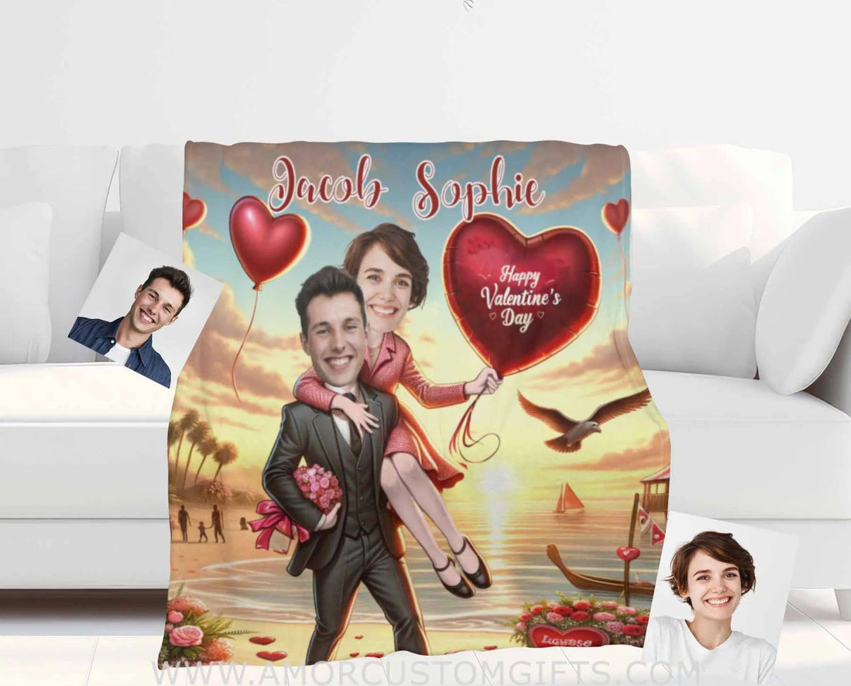 Blankets Personalized Funny Beach Couple 2 Blanket | Custom Face & Name Couple Blanket