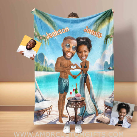 Blankets Personalized Funny Beach Couple 3 Blanket | Custom Face & Name Couple Blanket